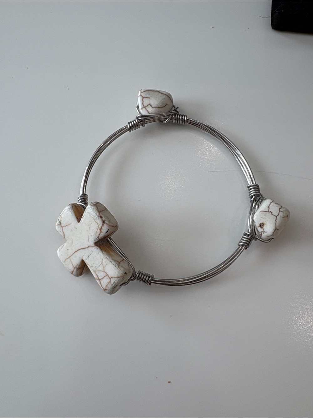 White Howlite Cross Wire Bangle Bracelet - Women Jewelry